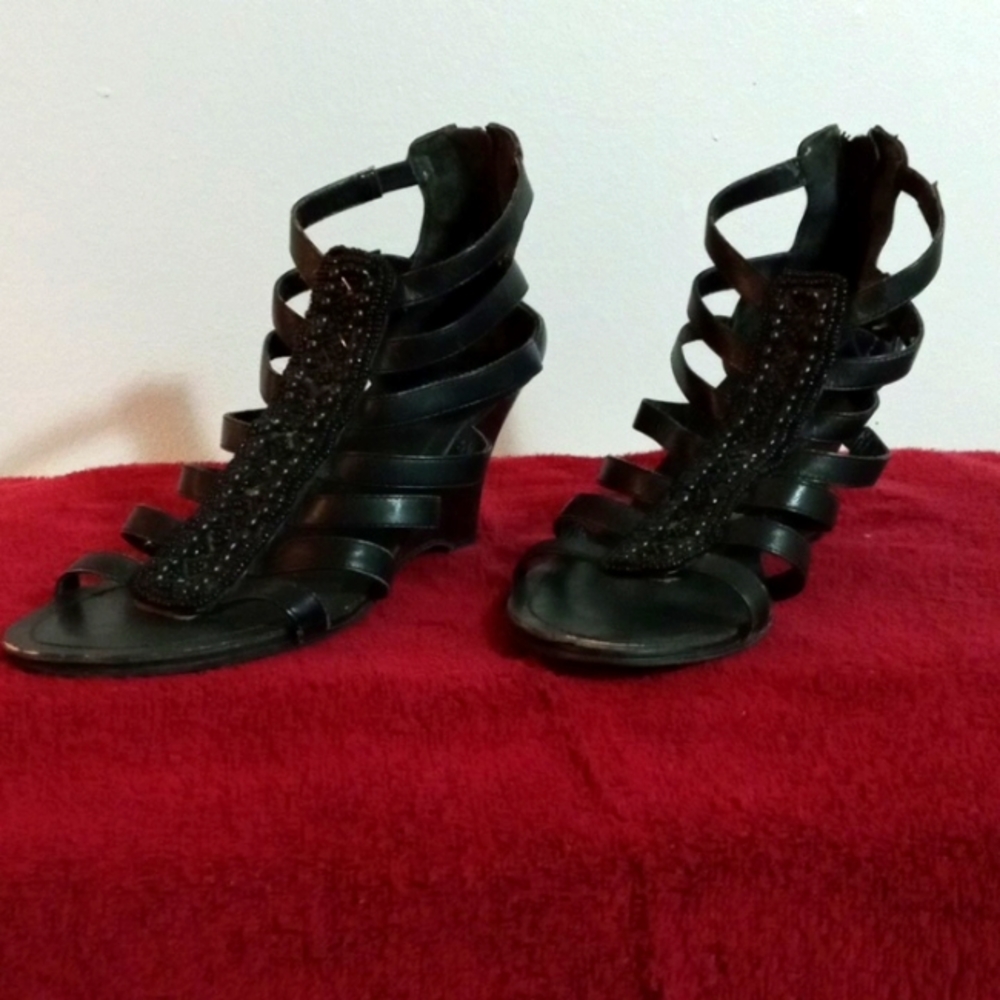 INC Gladiator Wedge Sandals, size 10, black